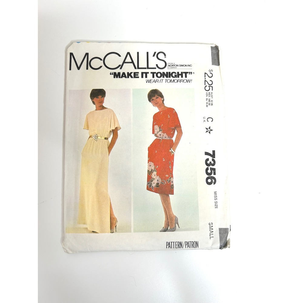 McCall's 7356 Sewing Pattern Misses Small White Good 1980s Pullover Dress Maxi